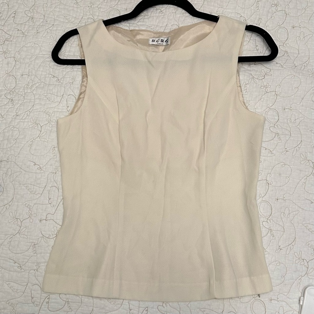 Vintage BCBG Paris Sleeveless Blouse Ivory Satin Top